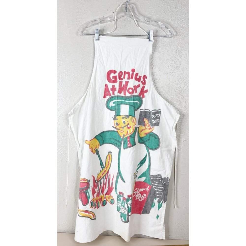 VTG Novelty " Genius At Work" Grilling Cooking 36"L Apron Stomach Pump Tums GUC